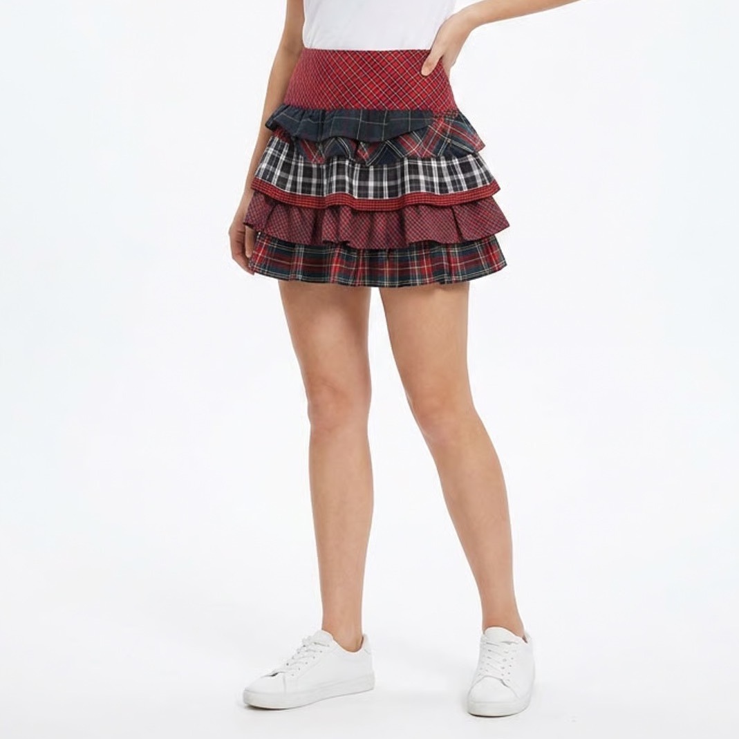 Ralph Lauren Mixed Plaid Patchwork Tiered Ruffle Mini Skirt Red Multi Size 14
